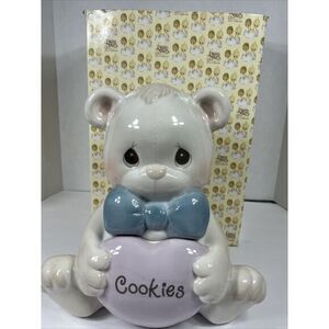 Precious Moments Bear Cookie Jar 1993 Samuel Butcher 10-1/2" Ceramic Bow‎ EUC